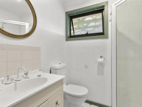a bathroom with a toilet and a sink and a mirror at Francis Geelong 156 in Belmont