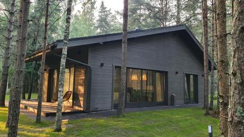 a house in the woods with a large window at Sea House Dzelmes in Mazirbe