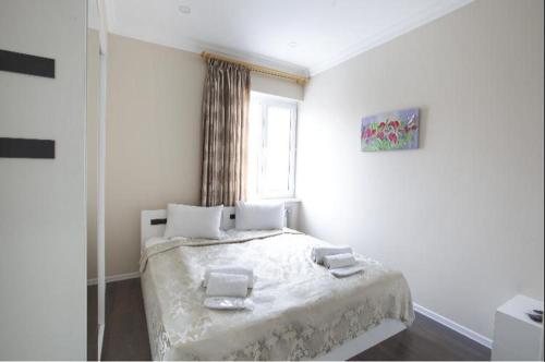 a white room with a bed with a window at Leyla Apartments 1 in Baku