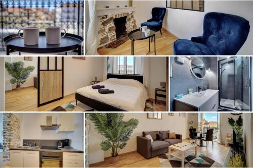 a collage of pictures of a bedroom and a living room at Le ART - 500m des plages - Clim - Verrière Côte d'Azur in Cannes