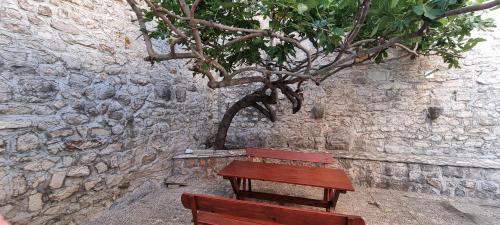 drewniana ławka obok kamiennej ściany z drzewem w obiekcie Holiday home Marija w mieście Karlobag