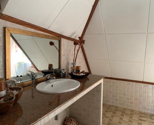 un bagno con lavandino e specchio di Island Bungalow a La Digue