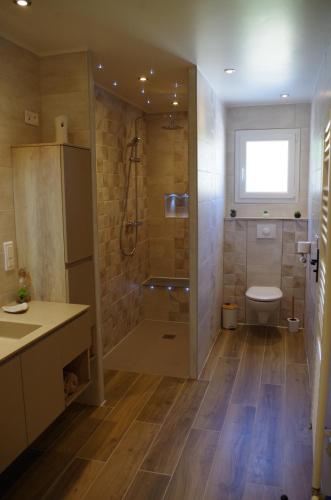 uma casa de banho com um chuveiro, um lavatório e um WC. em Gîte Autour d'Opale em Cucq