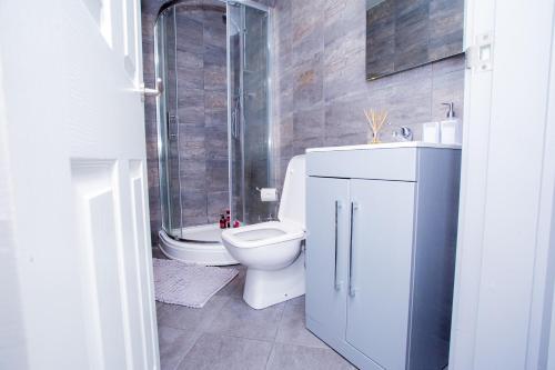 a bathroom with a toilet and a glass shower at Cosy Executive City Apartment 2 in Doncaster