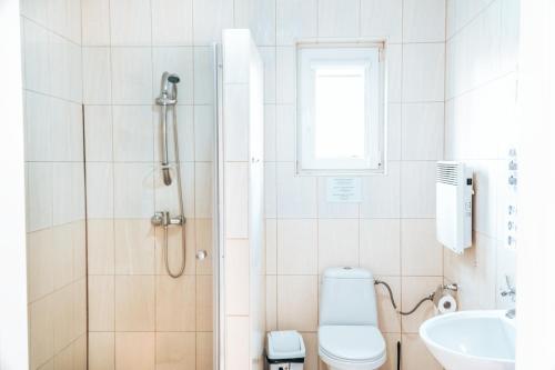 a bathroom with a shower and a toilet and a sink at Lake Park Łagów in Łagów