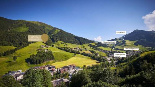a village on a hill with mountains in the background at Am Mitteregghof in Saalbach Hinterglemm