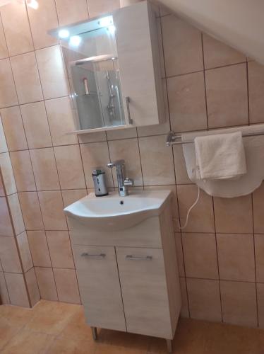 a bathroom with a white sink and a mirror at Maros Vendégház in Mórahalom