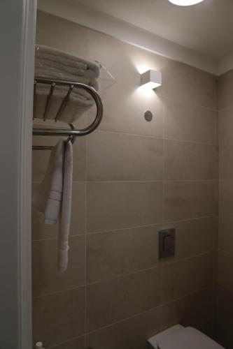 a bathroom with a shower with a toilet and a light at Chianca d l'ora - White Stone Suite in Ostuni