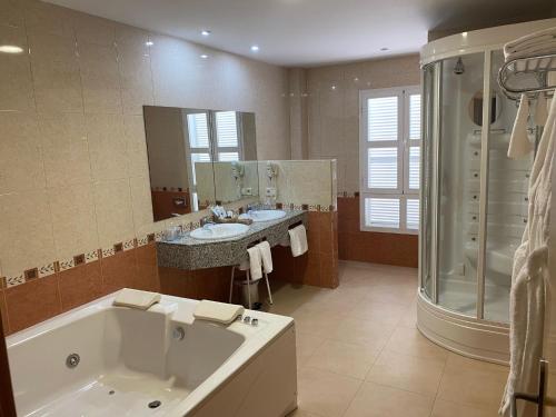 La salle de bains est pourvue d'une baignoire, d'un lavabo et d'une douche. dans l'établissement Gran Hotel Ciudad Del Sur, à Puerto Real