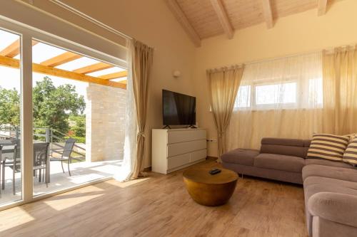a living room with a couch and a television at Beautiful villa Foska with private Pool near the beach in Marčana
