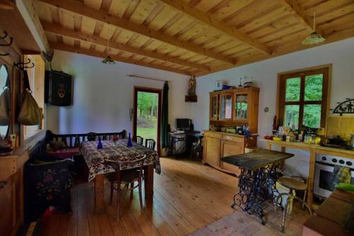 Pócsmegyer的住宿－Igricz Farmház，一间带桌子的客厅和一间厨房