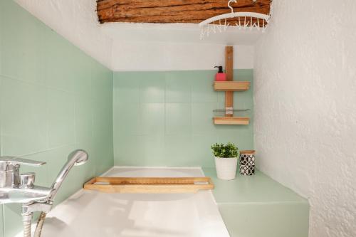 uma casa de banho com paredes verdes e um lavatório em Le Cabanon du Vieux Port em Marselha