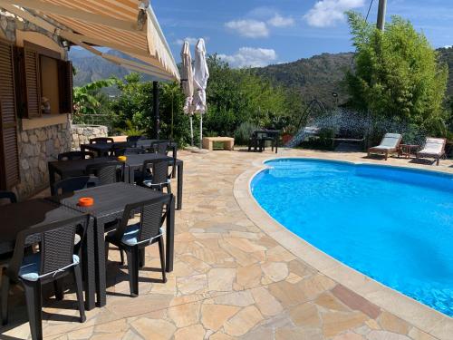 un patio con tavoli e sedie accanto alla piscina di La Beverita a Ventimiglia