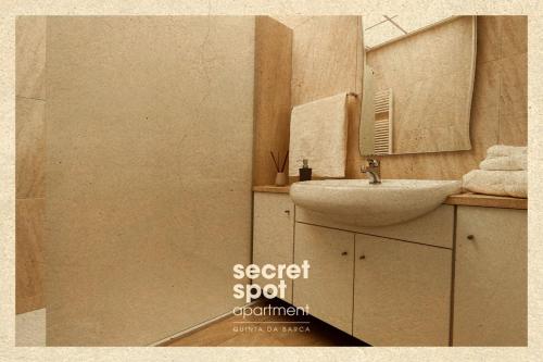 a bathroom with a sink and a mirror at Secret Spot Apartment - Quinta da Barca in Esposende