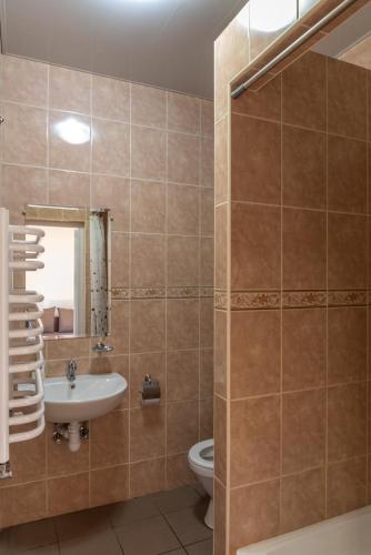 a bathroom with a sink and a toilet at Sonyachni bungalo in Melʼniki