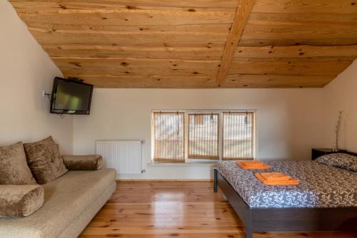 a living room with a couch and a tv at Sonyachni bungalo in Melʼniki