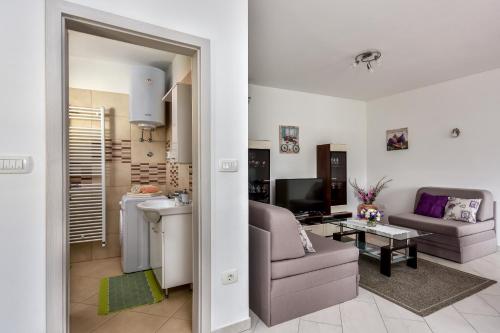 ein Wohnzimmer mit einem Sofa und einem Tisch in der Unterkunft Apartman Koraca in Roč