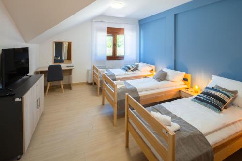 ein Hotelzimmer mit 4 Betten und einem Schreibtisch in der Unterkunft Otočki Virovi in Otok