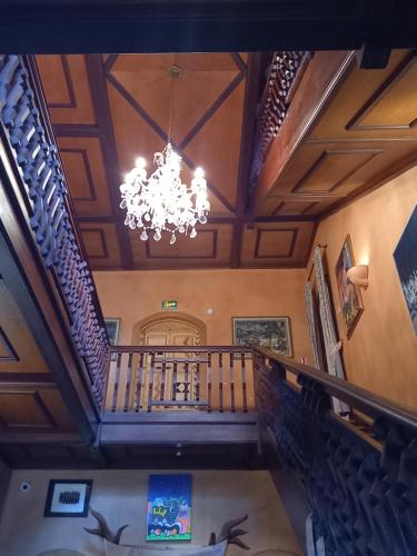 埃沙內韋的住宿－奧貝奇酒店，吊灯挂在建筑物的天花板上