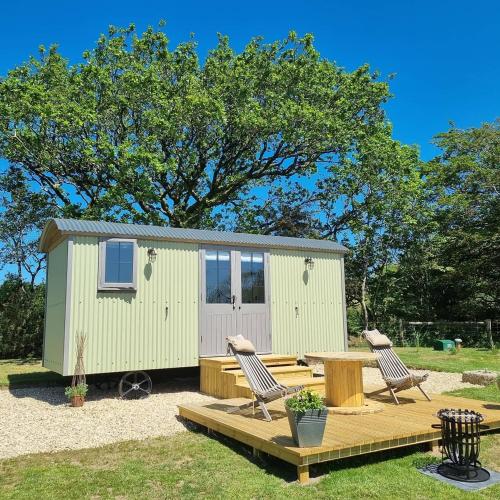 a green tiny house with two chairs and a table at Tolverne Luxury Shepherd's Hut in Holsworthy