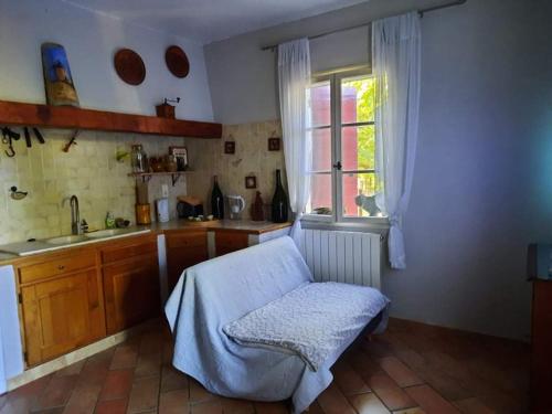 uma cozinha com uma mesa, um lavatório e uma janela em Les Néfliers em Maillane