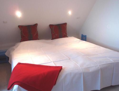 UlsnisにあるFerienwohnung-Gottorfのベッドルーム(赤い枕の大きな白いベッド付)