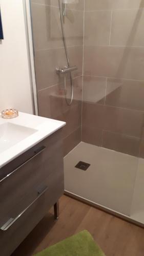 une salle de bain avec douche et lavabo dans l'établissement Mimosas, à Andernos-les-Bains