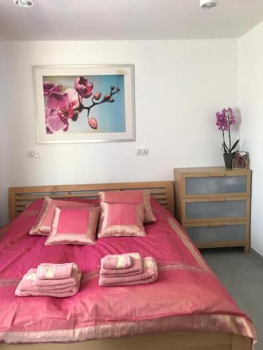 ギエトシュバウトにあるApartamenty Gietrzwałdのピンクのシーツと枕が付いたピンクベッド付きのベッドルーム1室が備わります。