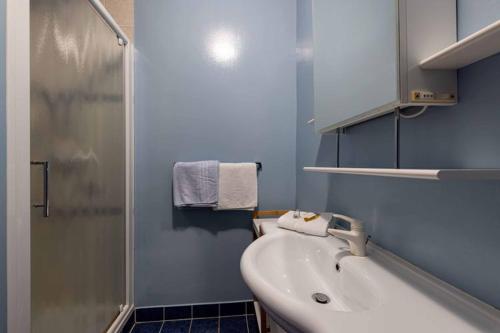 a small bathroom with a sink and a shower at Ferienwohnung Engleitner - DorfResort Mitterbach in Mitterbach