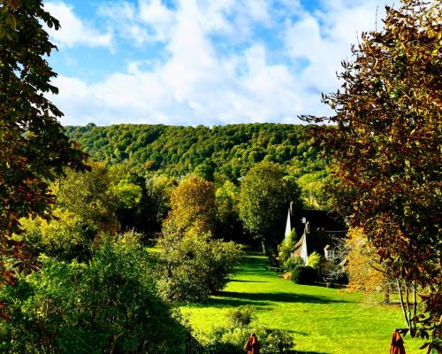 a green field with trees and a hill in the background at Le Coin des Artistes in Giverny