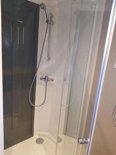 een douche in een badkamer met een glazen deur bij Chalet prestige au coeur du Bassin d'Arcachon in La Teste-de-Buch