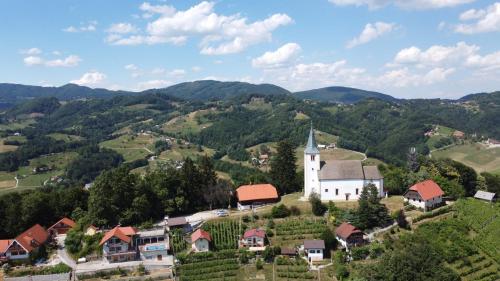 an aerial view of a small village with a church at Vineyard Paradise Senica in Dramlje