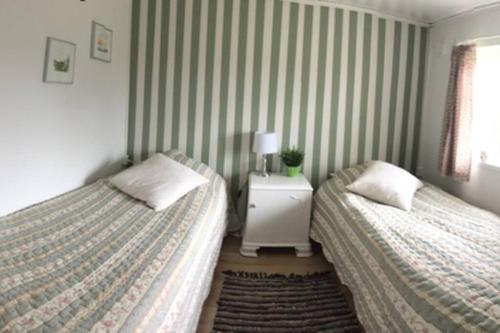 duas camas num pequeno quarto com paredes listradas em Gammelt Mandø hus Hyggebo em Ribe