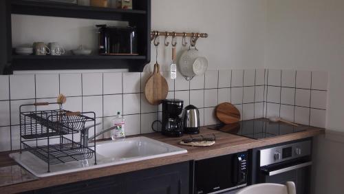 una cucina con lavandino e piano di lavoro di VILLA XARAN ERDIAN Gîte LA PETITE MAISON a Espelette