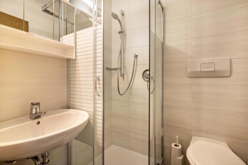 a bathroom with a shower and a sink and a toilet at Residence Condor Apt Rosengarten in Maranza