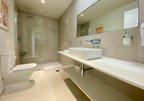 ein Badezimmer mit einem Waschbecken, einem WC und einem Spiegel in der Unterkunft PUENTE SANTIAGO APOSTOL in Pontevedra