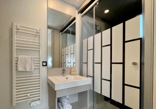 La salle de bains est pourvue d'un lavabo et d'un miroir. dans l'établissement Airial du Seignanx, à Ondres