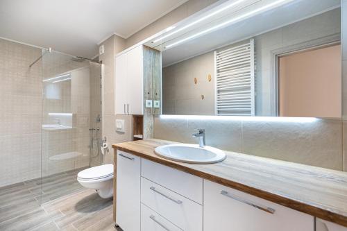 uma casa de banho com um lavatório, um WC e um espelho. em Live & Sleep em Novi Sad