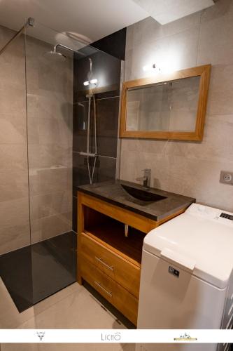 une salle de bain avec un lavabo et une douche dans l'établissement MARMOTTE 101 - Appartement pour 6, aux pieds des pistes, à Bonneval-sur-Arc