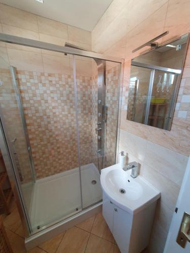 a bathroom with a shower and a toilet and a sink at Fischer Apartman 3 in Hajdúszoboszló