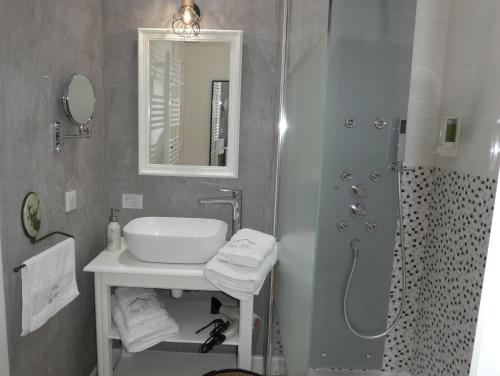 a bathroom with a sink and a shower at Chalet Mina in Sazos