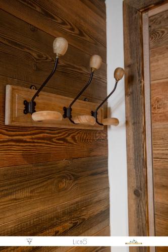 - deux lumières suspendues sur un mur en bois dans l'établissement MARMOTTE 004 - Charmant appartement pour 6, aux pieds des pistes, à Bonneval-sur-Arc