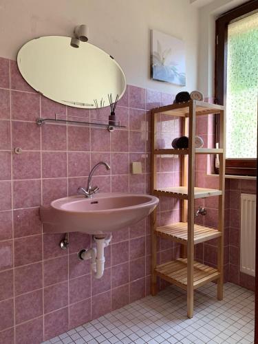 a bathroom with a sink and a mirror at Am Kräutergarten in Müden