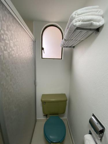 a bathroom with a green toilet and a mirror at Hotel Ojo de Agua in Ciudad Hidalgo