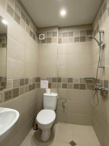 ein Badezimmer mit Toilette und Waschbecken in der Unterkunft Edelweiss Central Hotel in Bansko