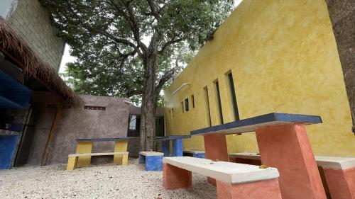 a yellow building with a bench in front of it at Ahavá Hostal Boutique in Cancún