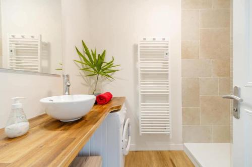 a bathroom with a white bowl sink on a wooden counter at La casa de Sophie T3 avec jardinet, Parking privé - Port de Vannes in Vannes