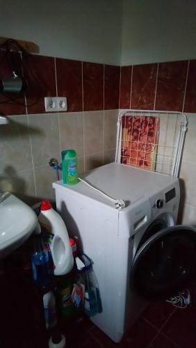 a washing machine in a bathroom next to a sink at SandorA Vendégház Nagyrákos in Nagyrákos