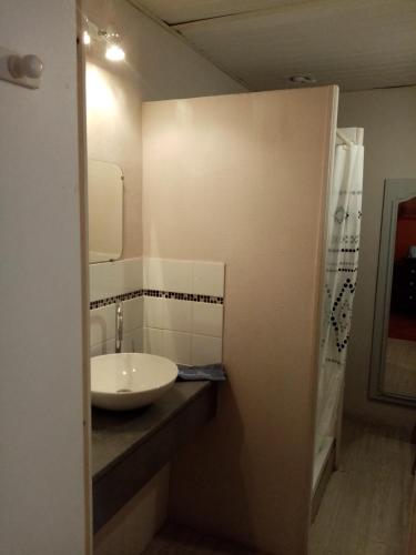 une salle de bain avec un lavabo et un miroir dans l'établissement La Maison Bleue de Sigean, à Sigean