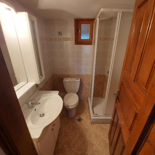a bathroom with a toilet and a sink and a shower at Villa Amfithea in Skiathos